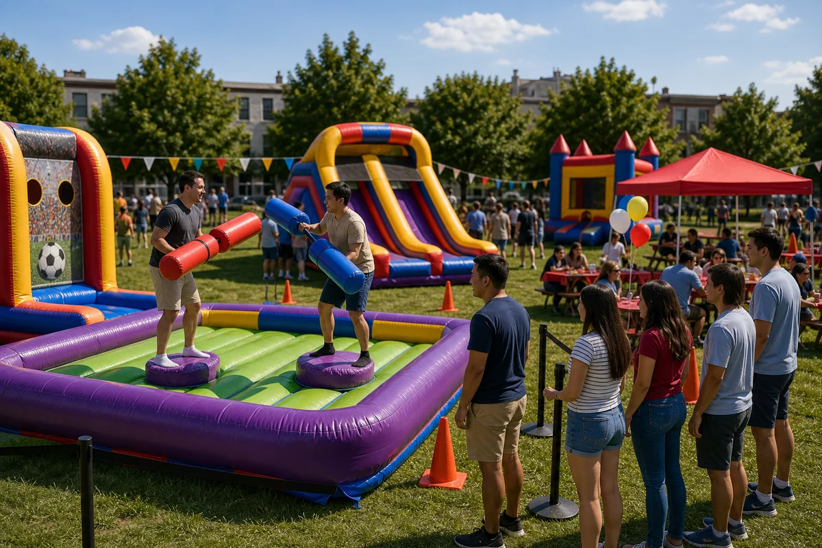 Inflatable sports and joust-style game rental attraction for a Philadelphia event