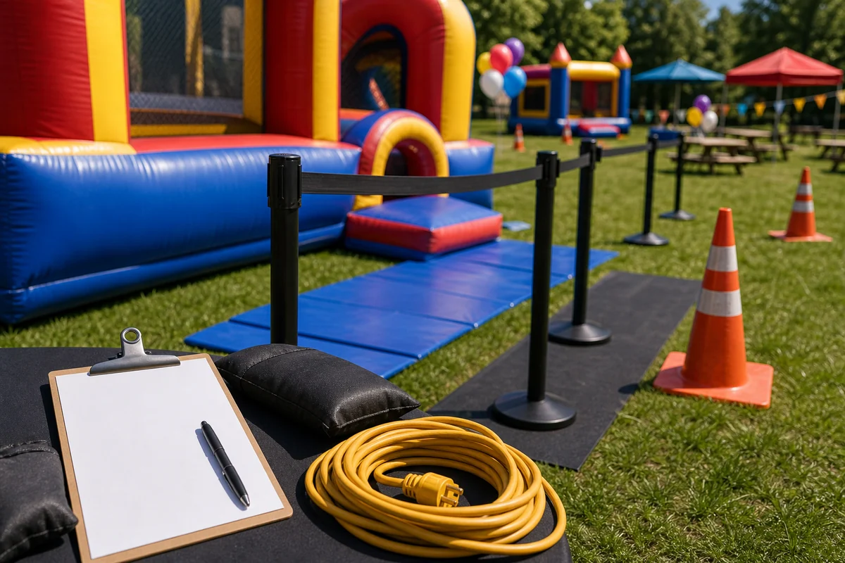 Inflatable game rental setup detail with cones, access lane, mats, and blank planning clipboard