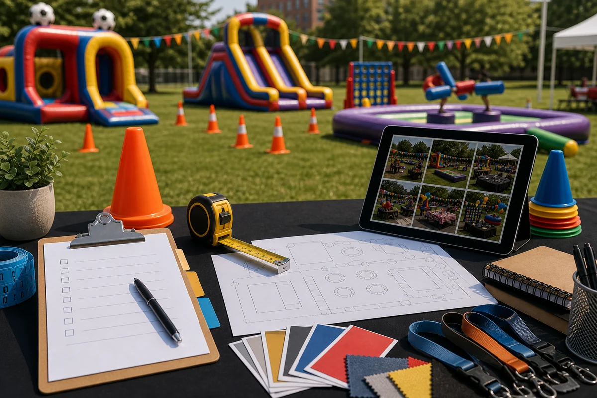 Inflatable game rental quote checklist with layout sketch and planning materials