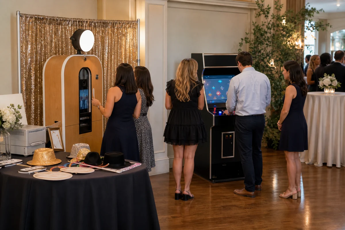 Main Line event feature area with photo booth and arcade game rental station