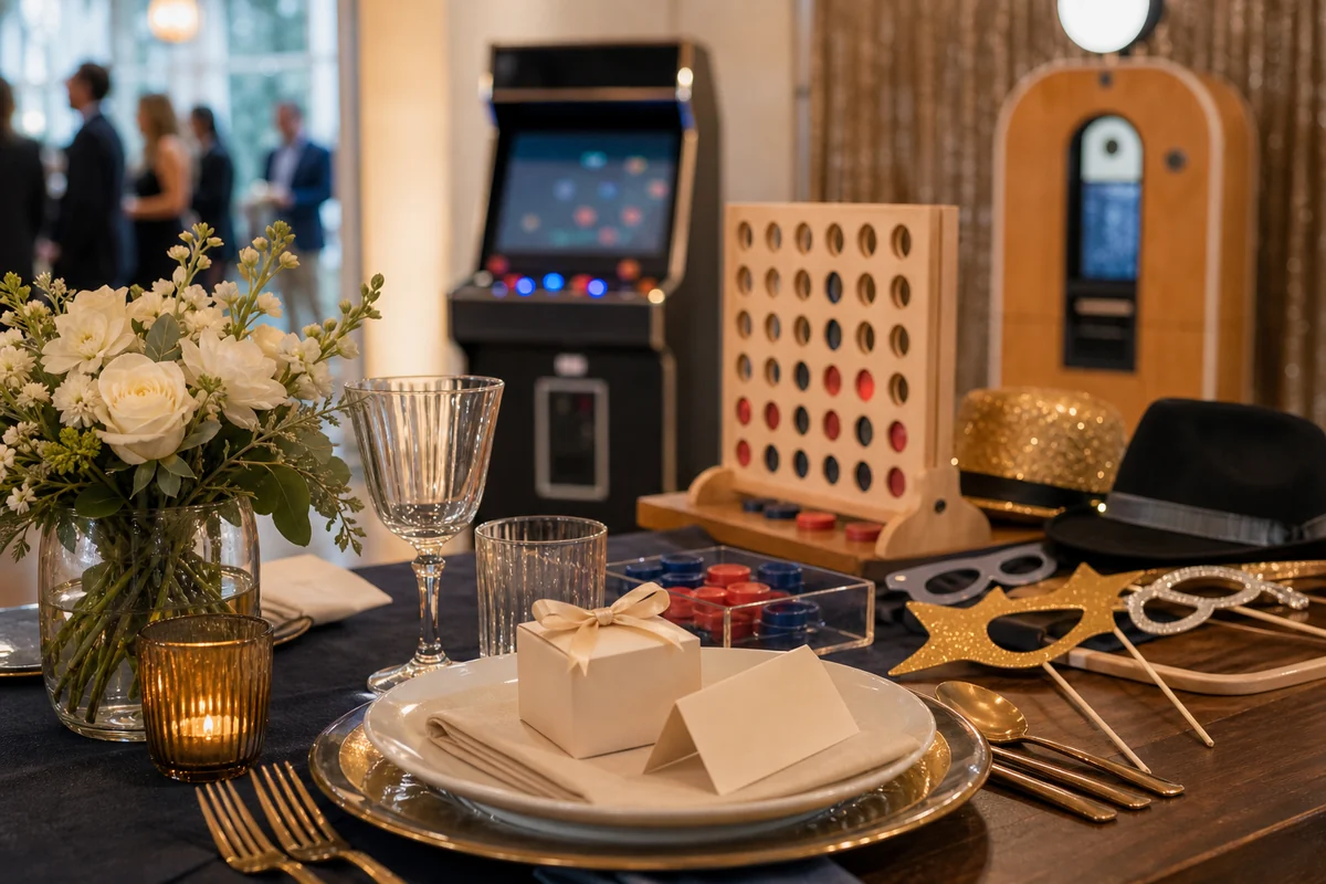 Main Line private event detail with elegant table setting, game pieces, and photo booth props