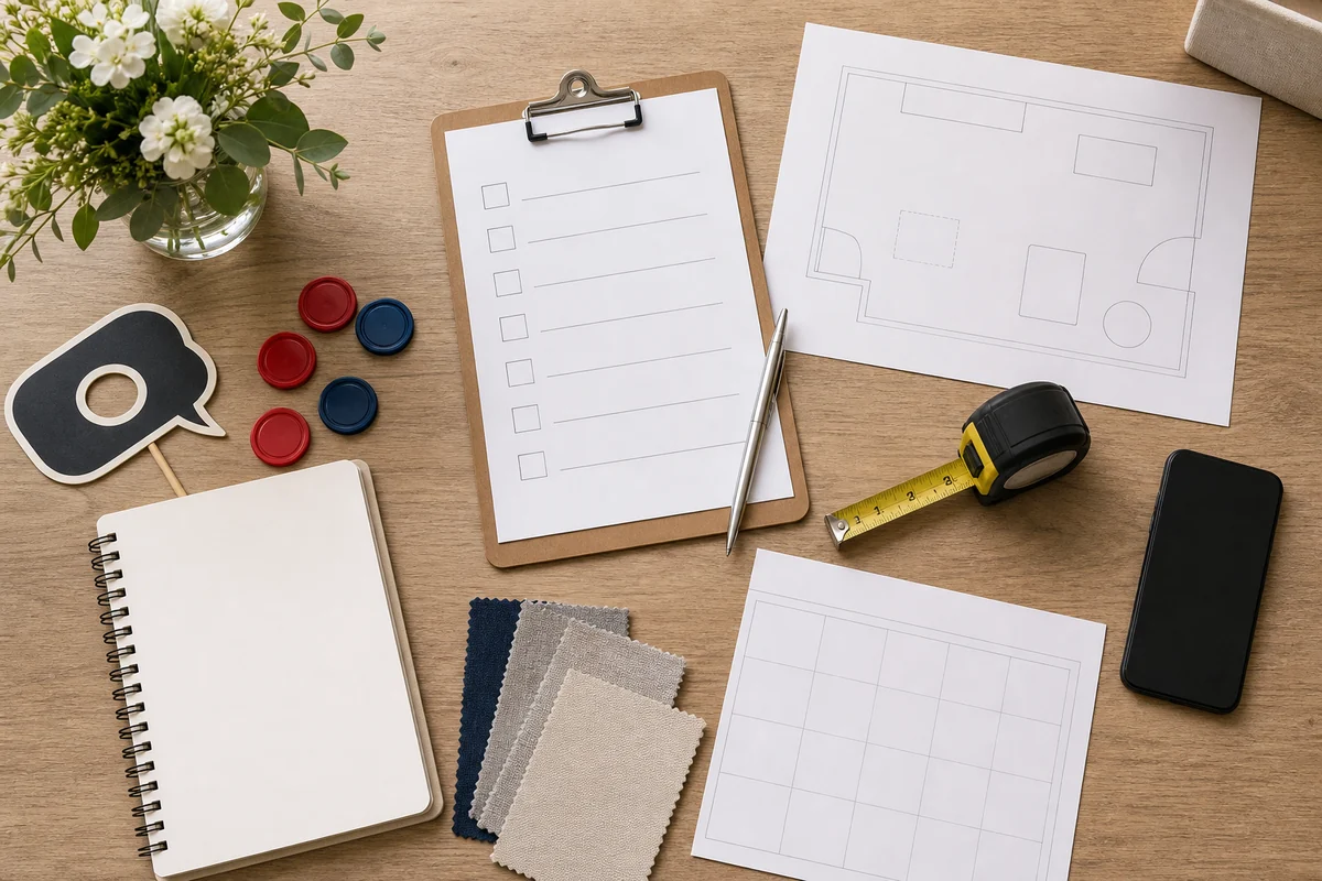 Main Line party rental quote planning materials with blank checklist, layout sketch, props, tokens, and event folders