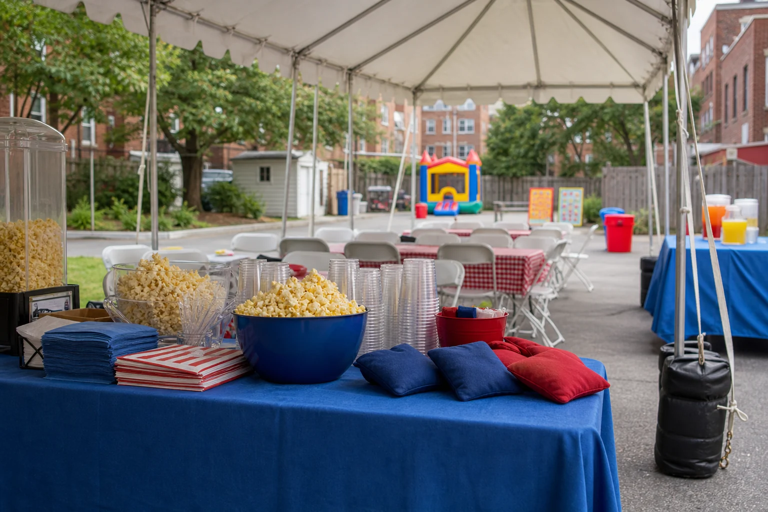 Manayunk and Roxborough tent and snack detail with folding chairs, popcorn bowls, game pieces, tent weights, and tidy supplies