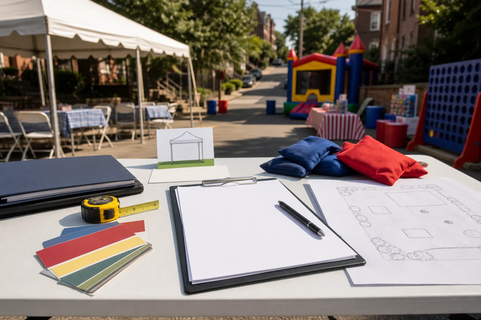 Manayunk and Roxborough quote planning table with blank checklist, measuring tape, site sketch, game pieces, folder, and tent sample card