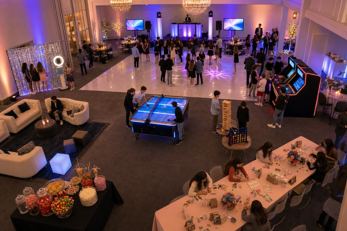 Mitzvah party ballroom layout with dance floor, lounge seating, games, photo booth, craft station, and snack area