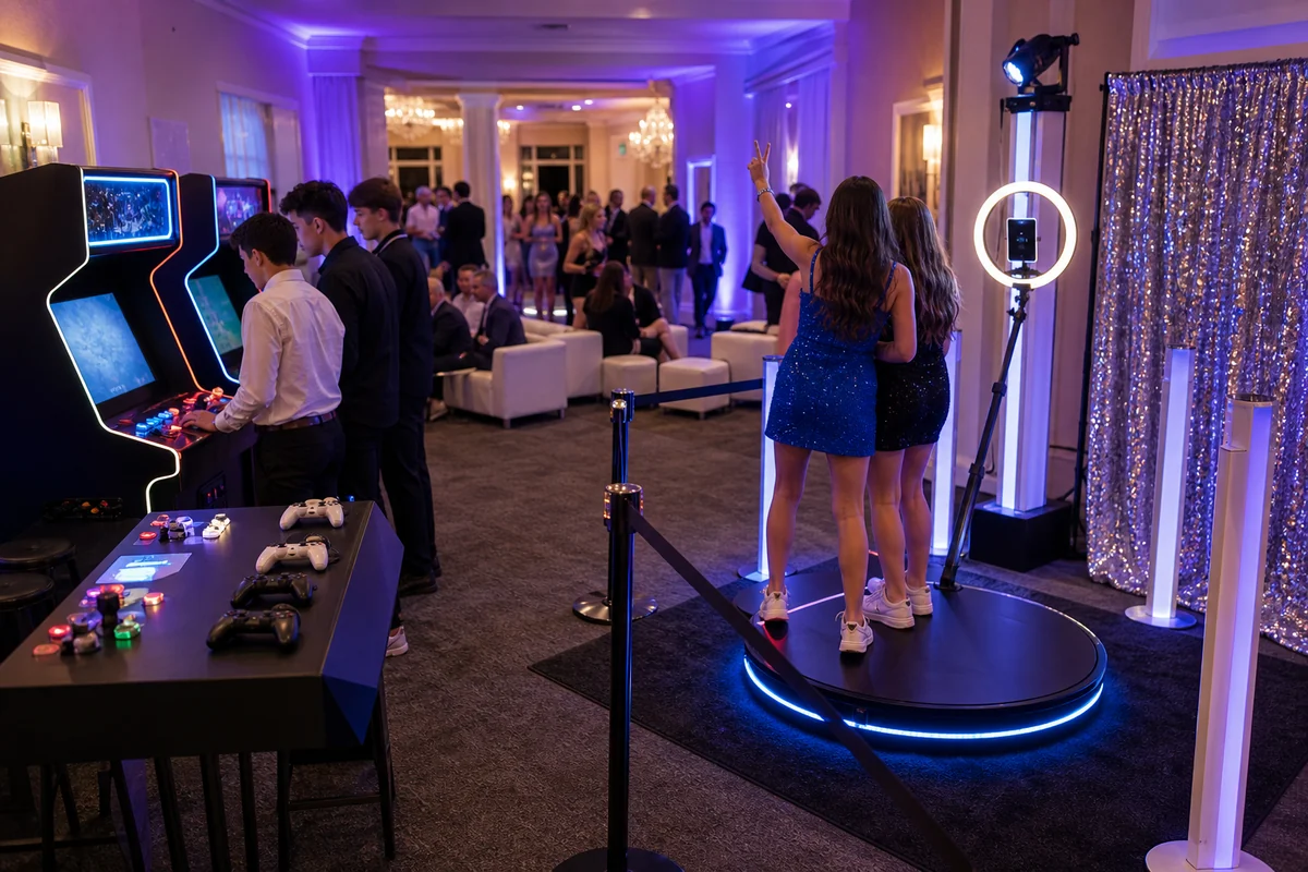 Mitzvah party interactive game and photo booth feature station in a Philadelphia-area ballroom