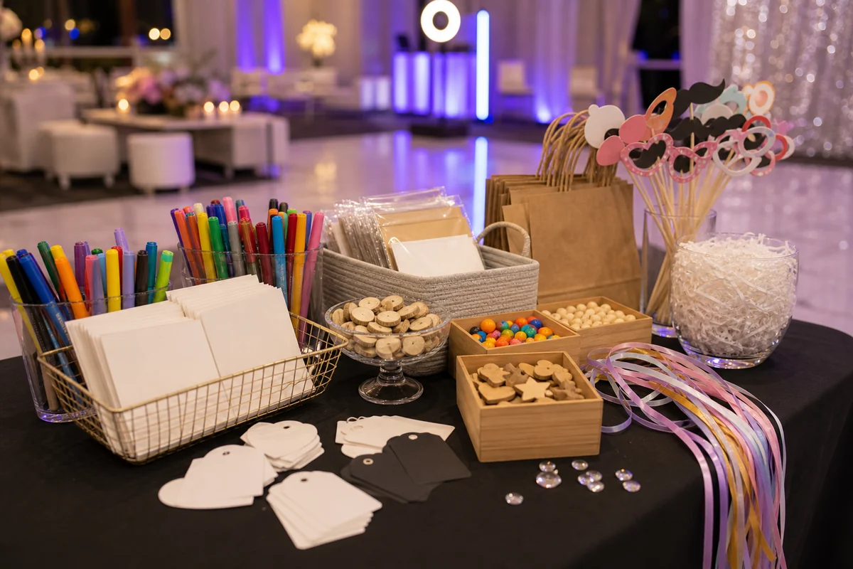 Mitzvah party keepsake and craft station with blank cards, props, markers, ribbons, and favor materials