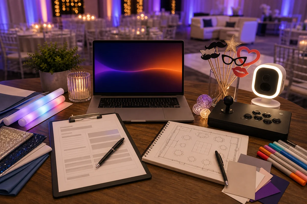 Mitzvah party rental quote checklist with game, photo booth, craft, layout, and lighting planning materials