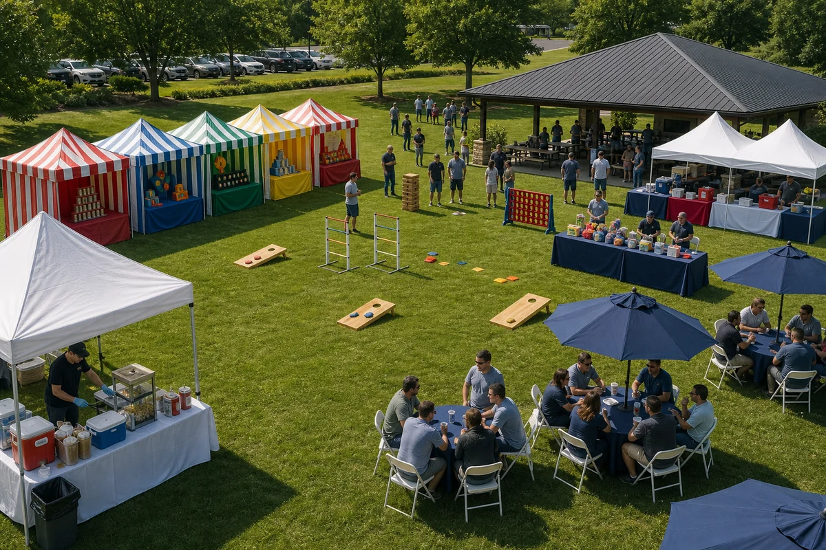 Montgomery County party rental layout with carnival games, team games, concession stations, seating, tents, and clear walking lanes