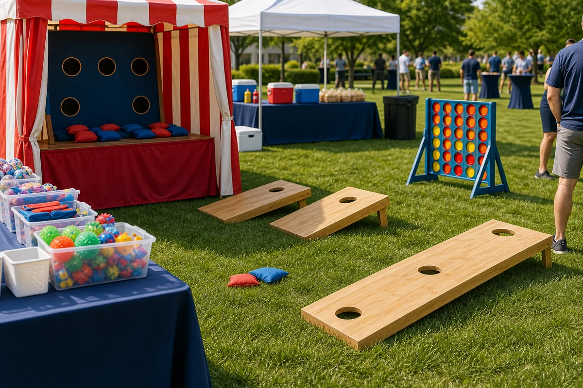 Montgomery County event feature with carnival booth, team game boards, beanbags, prize bins, and company picnic activity materials