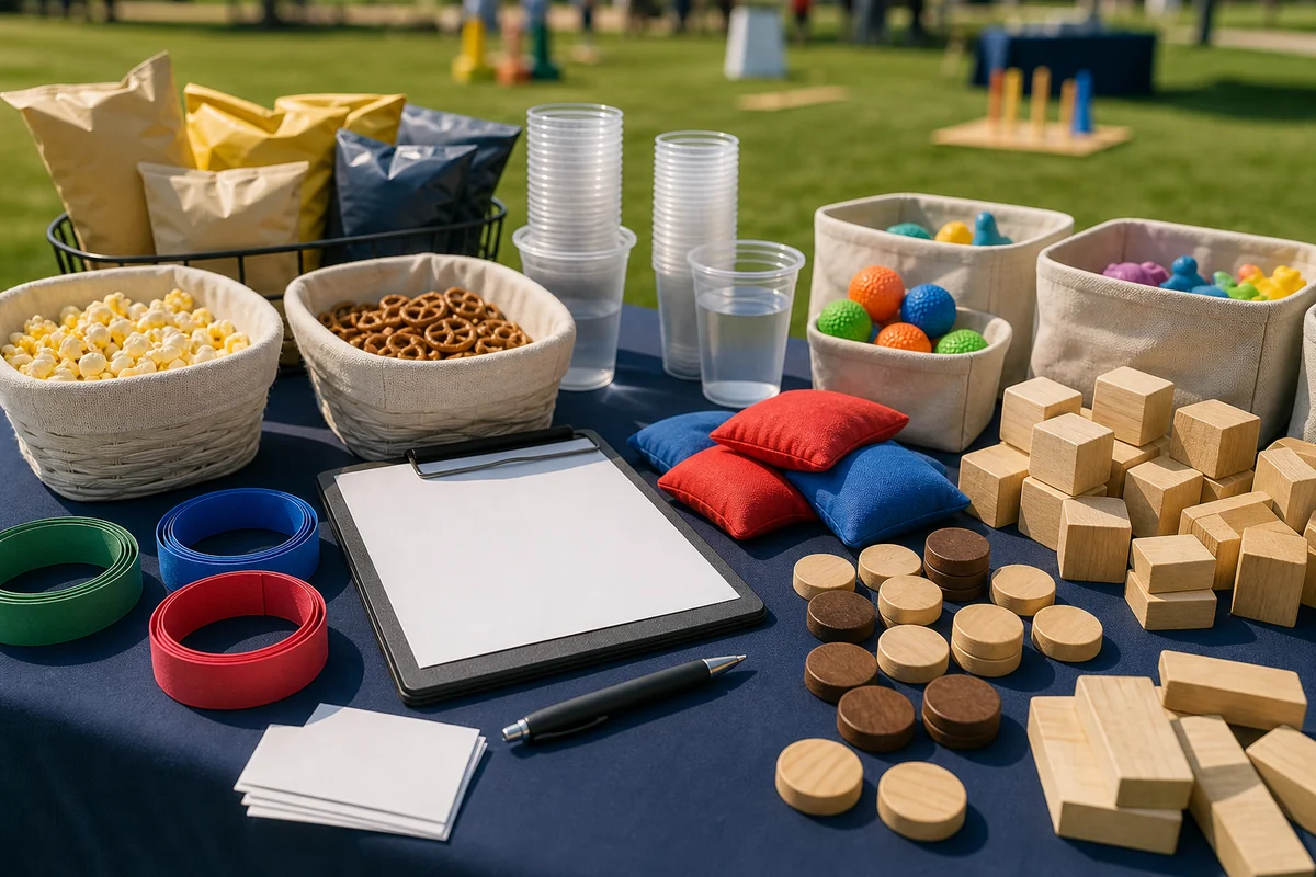 Montgomery County event detail with blank scorecards, wristbands, beanbags, game pieces, snack trays, and unbranded cups