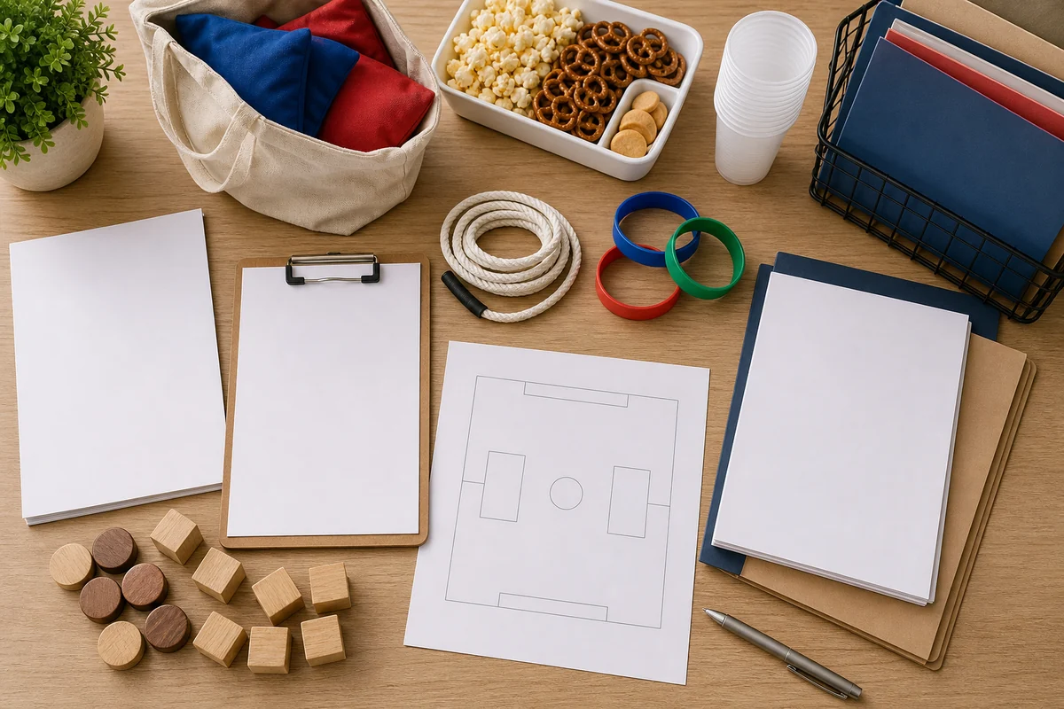 Montgomery County party rental quote planning materials with blank checklist pages, field layout sketch, team game pieces, and event folders