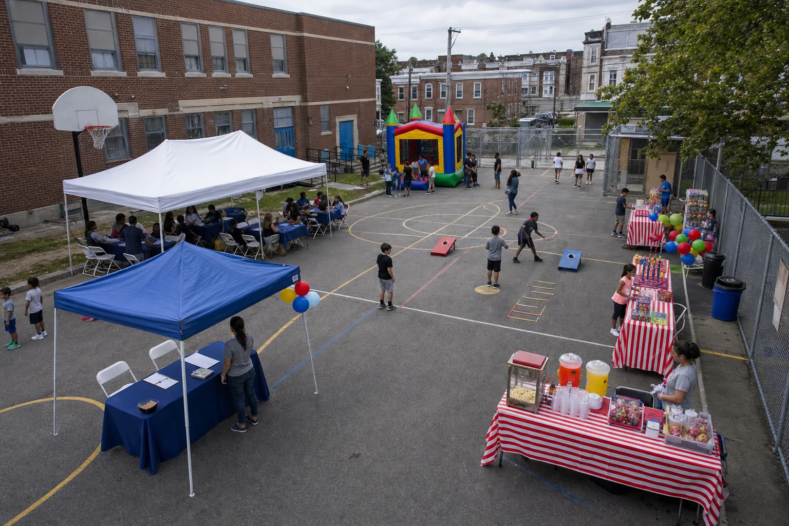 North Philadelphia rec center or schoolyard layout with carnival games, concession station, seating, check-in table, and walking lanes