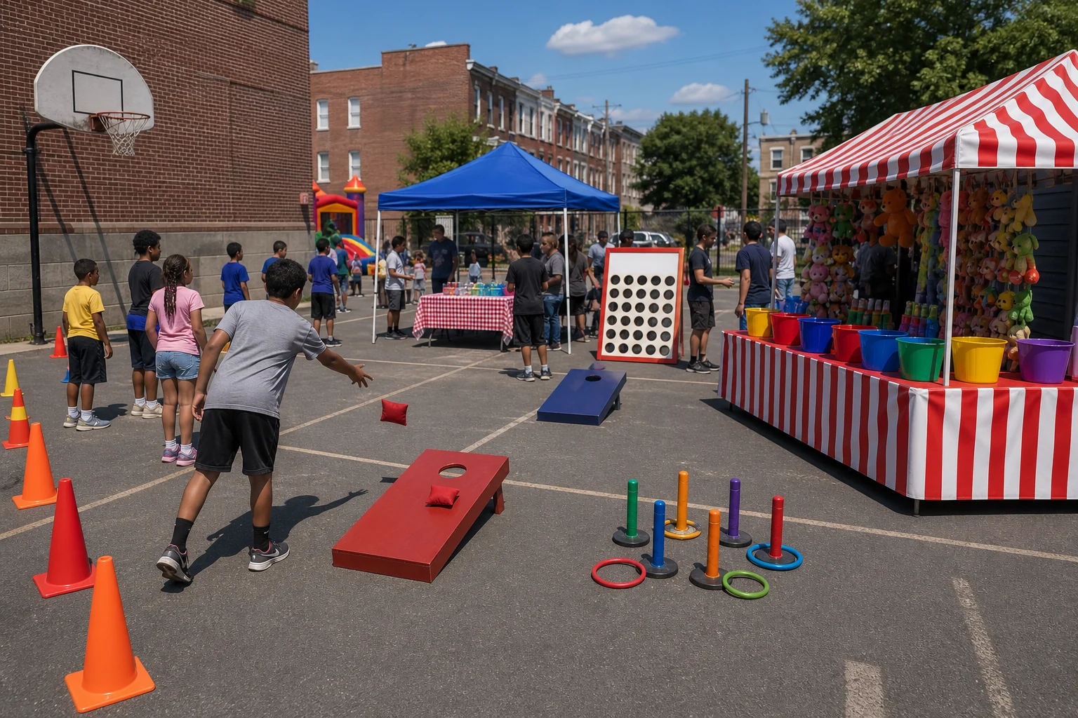 North Philadelphia field day and carnival game station with beanbag toss, cones, blank score board, and safe queue space