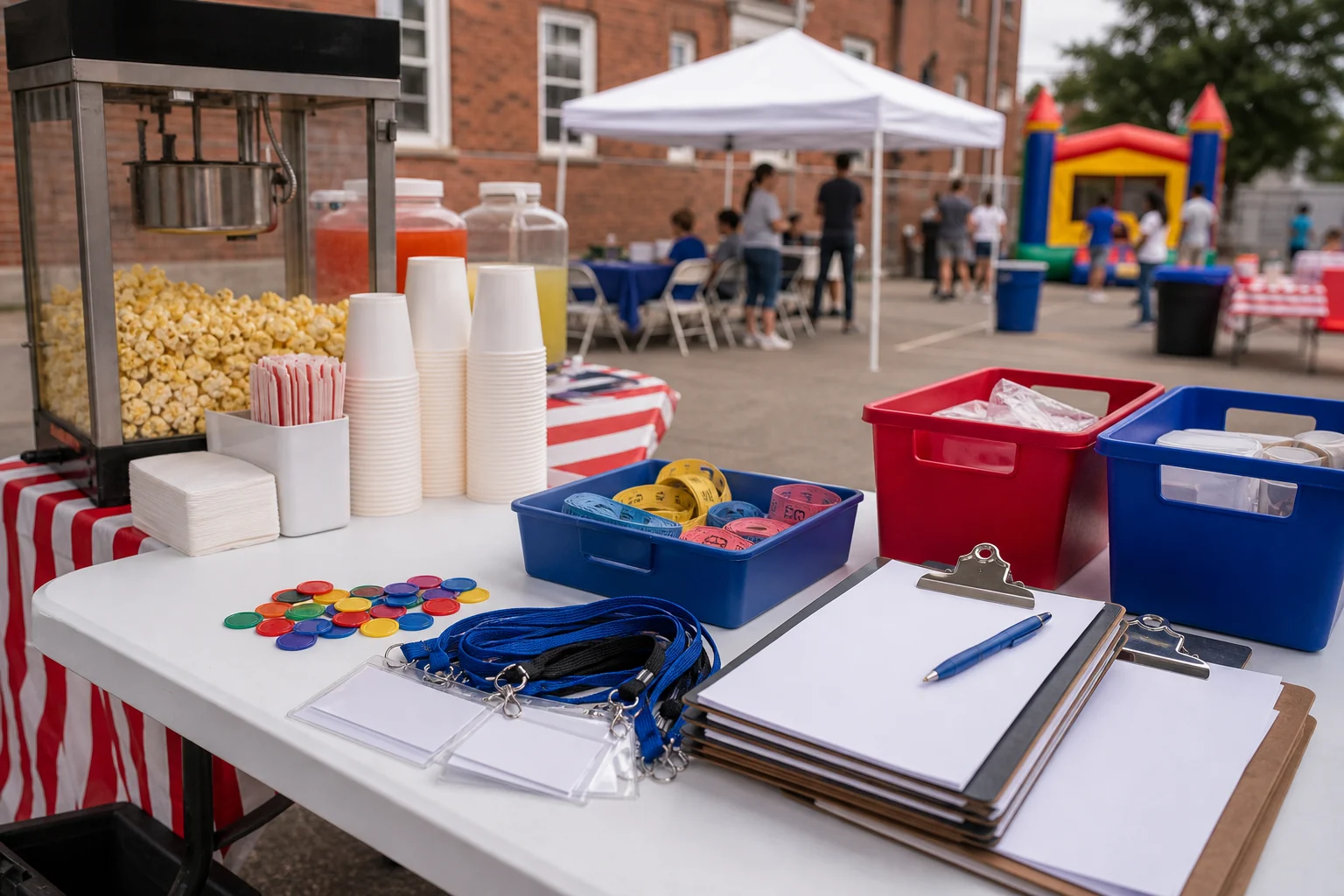 North Philadelphia concession and volunteer table with blank clipboards, snack supplies, game tokens, badges, and organized bins