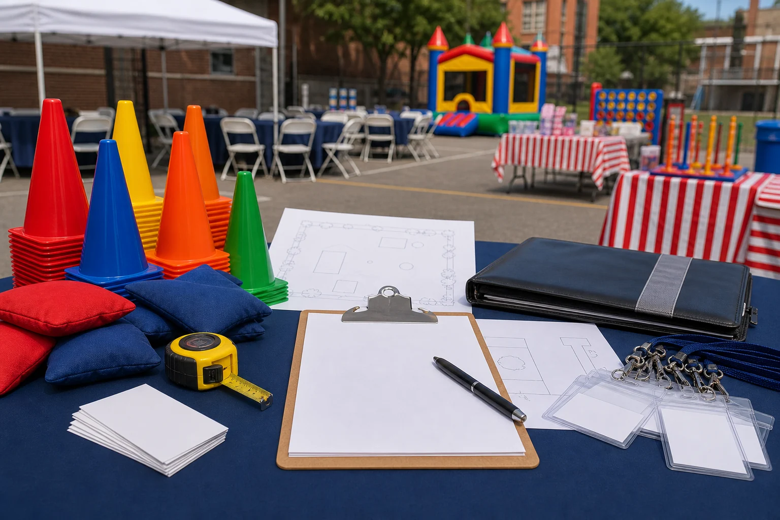 North Philadelphia quote planning table with blank checklist, layout sketch, cones, beanbags, folder, and supply cards