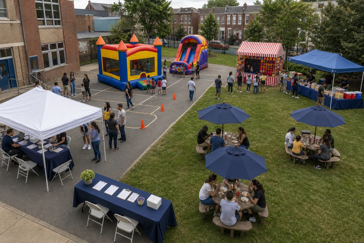 Northeast Philadelphia event layout with bounce zone, inflatable slide, carnival games, snack station, shaded seating, and clear walking lanes