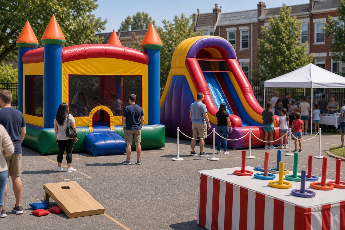 Northeast Philadelphia inflatable feature with bounce house, inflatable slide, simple queue area, and carnival game pieces