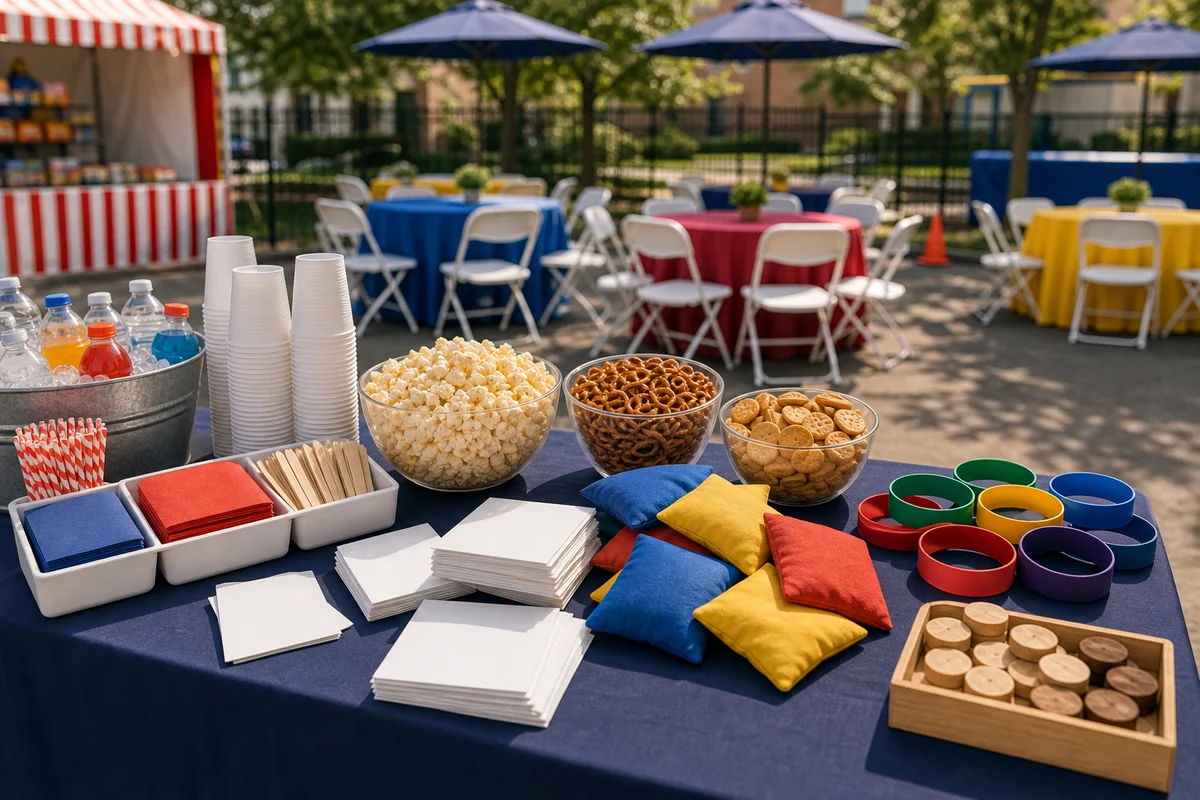 Northeast Philadelphia party detail with concession supplies, guest seating, blank activity cards, wristbands, beanbags, and game pieces