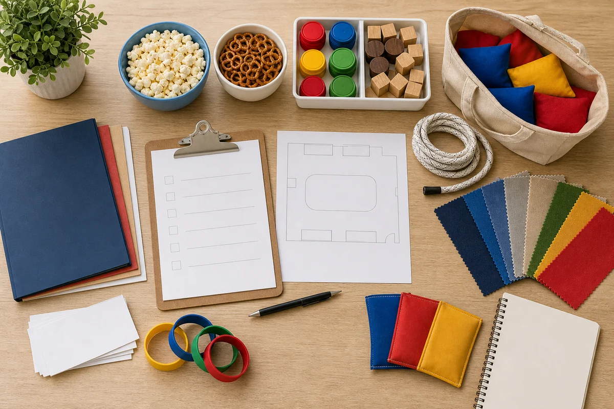 Northeast Philadelphia party rental quote planning materials with blank checklist, layout sketch, color swatches, folders, and game pieces