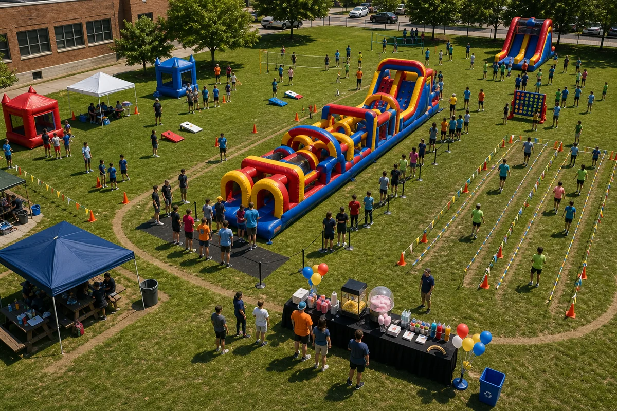 Field day layout with obstacle course anchor, rotation stations, queues, and rest area