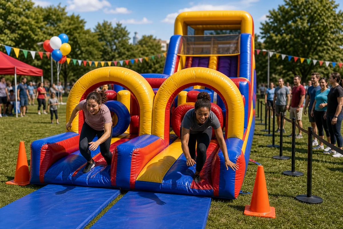 Inflatable obstacle course race lanes and finish area for a Philadelphia field event