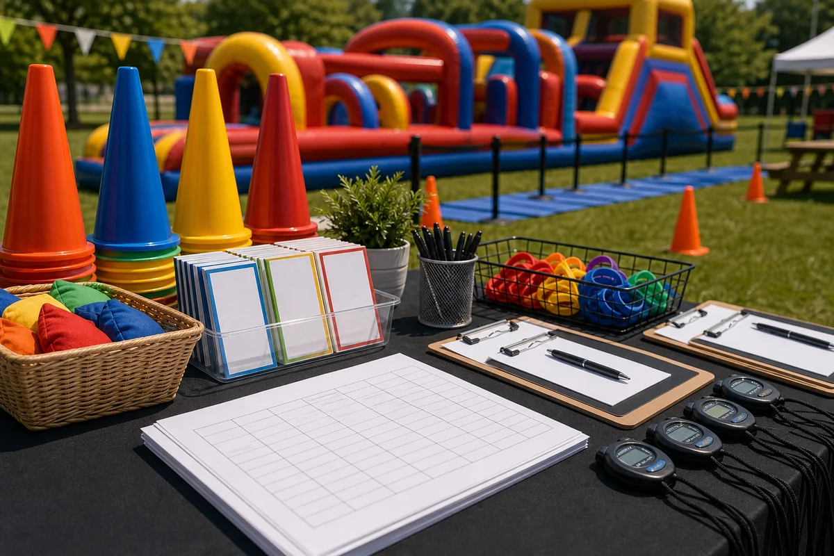 Obstacle course team rotation cards, score sheets, cones, and planning materials