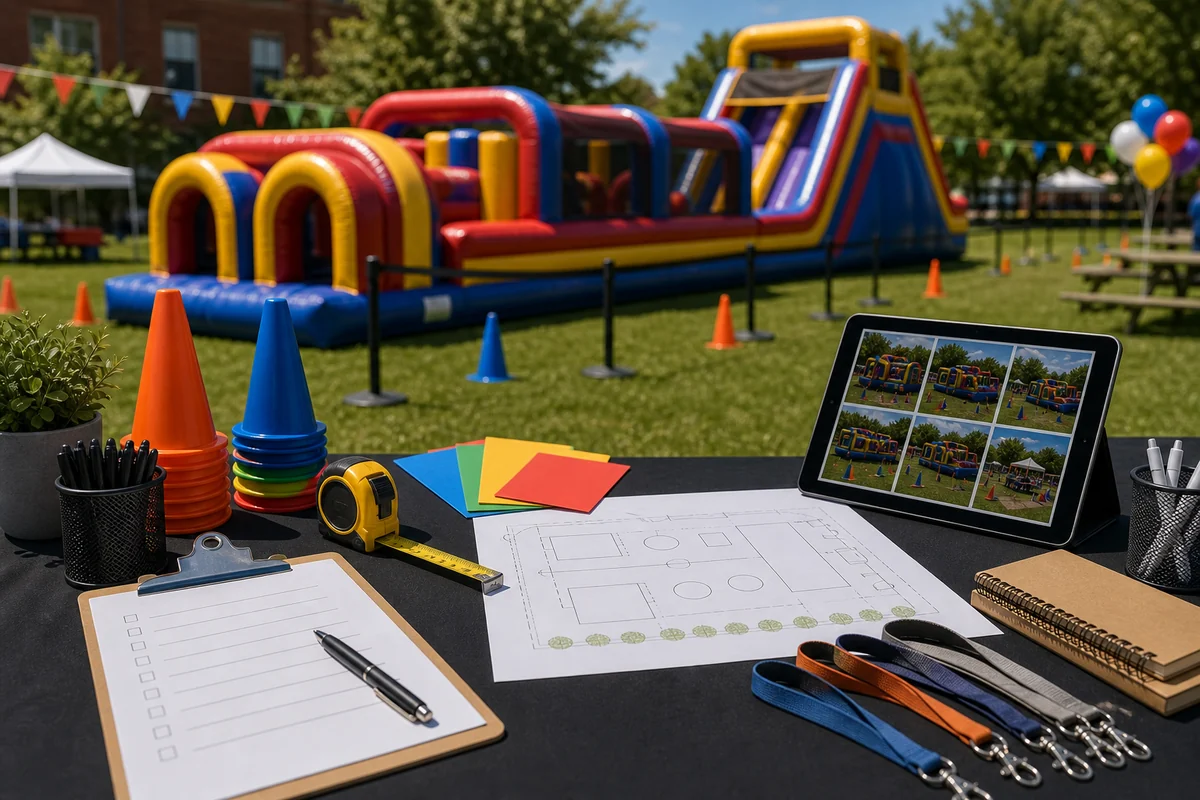 Obstacle course rental quote checklist with field layout and planning materials