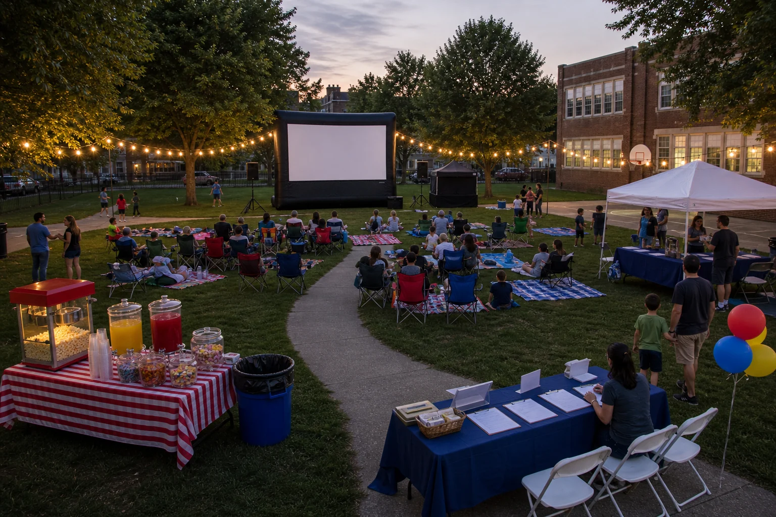 Outdoor movie night layout with blank inflatable screen, speaker stands, seating rows, popcorn station, check-in table, and guest paths