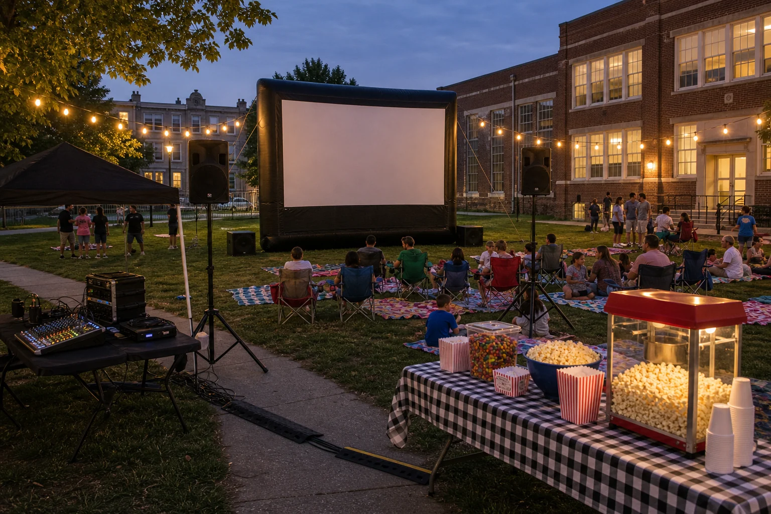 Outdoor movie night setup with blank inflatable screen, PA speakers, audio table, seating, snack table, and safely routed cables