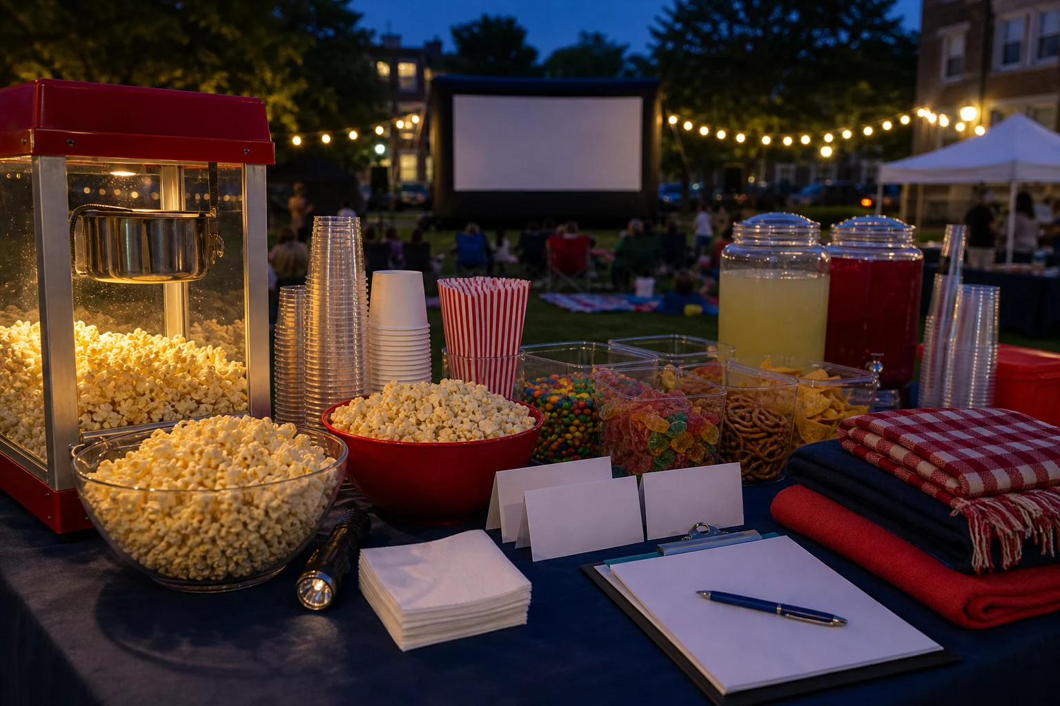 Outdoor movie night popcorn and snack table with cups, napkins, blank cards, folded blankets, flashlight, and blank screen in background