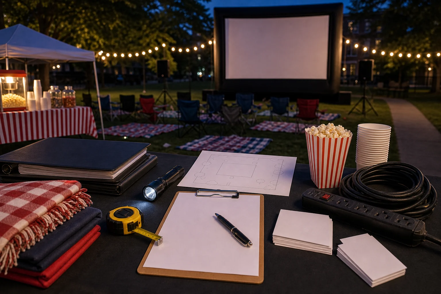 Outdoor movie night quote planning materials with blank checklist, site sketch, power strip, cable, measuring tape, popcorn cup, and flashlight