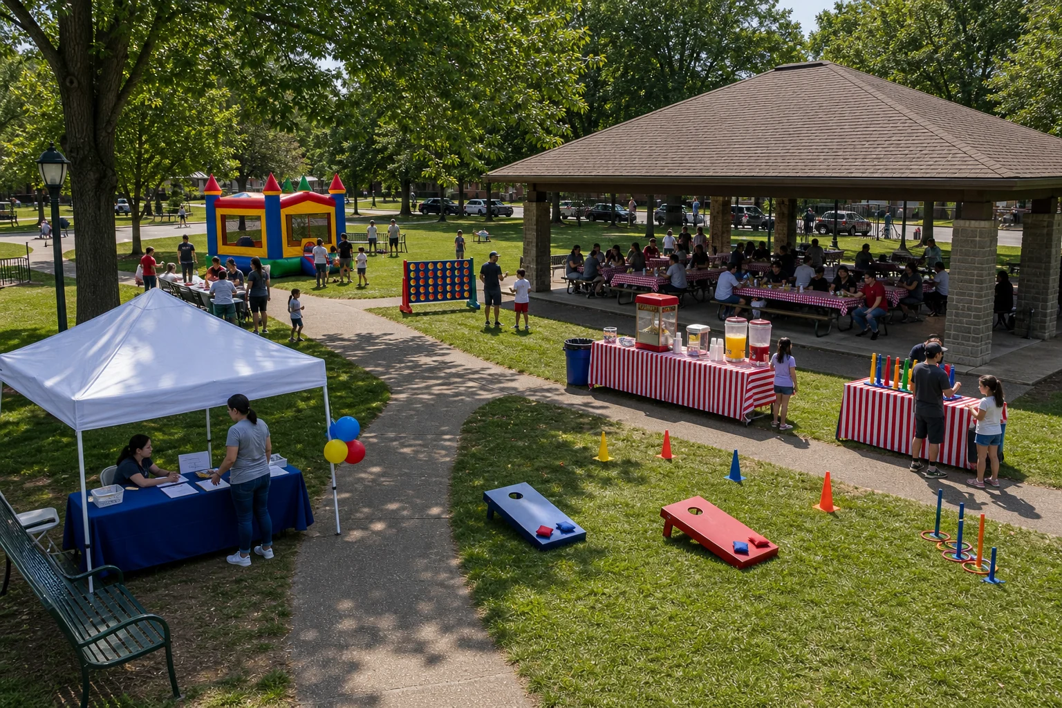 Philadelphia park party layout with pavilion seating, lawn games, concession table, shade tent, check-in table, and walking paths