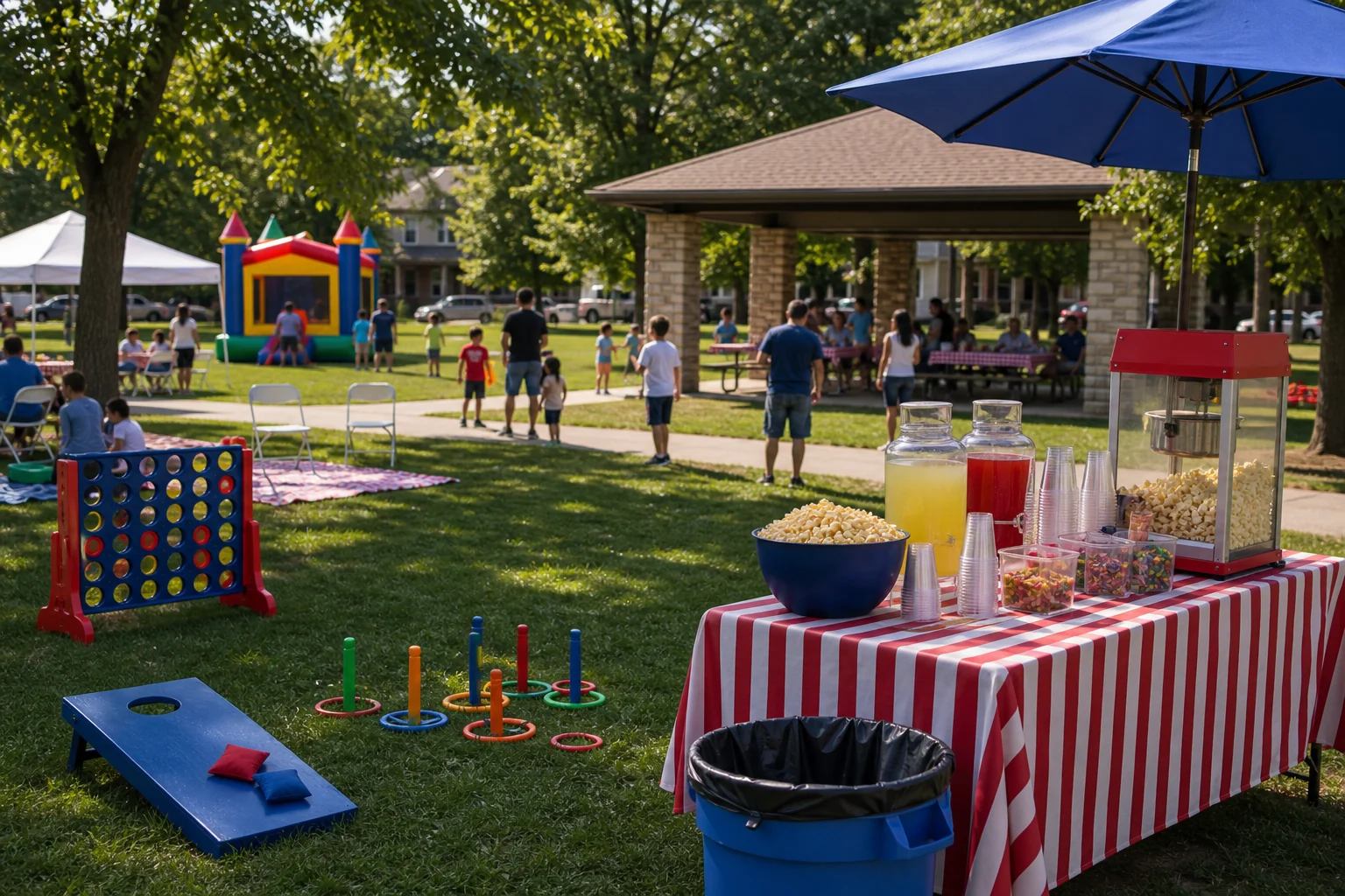 Philadelphia park lawn game and concession setup with giant games, beanbag toss, snack table, shade, and picnic seating