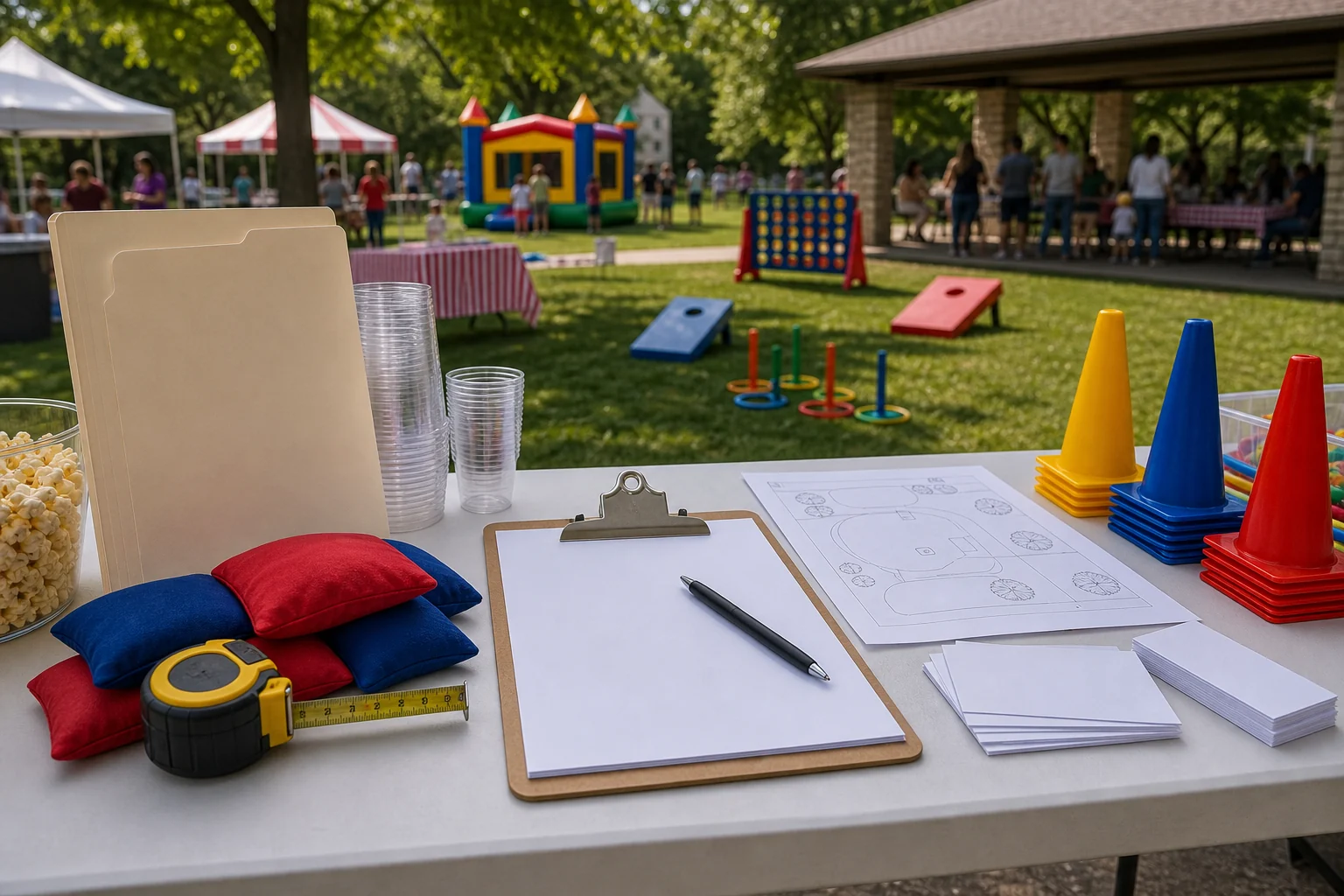Philadelphia park party planning materials with blank permit-style folder, measuring tape, park sketch, cones, beanbags, and snack supplies