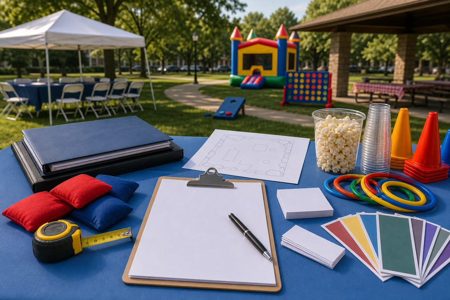 Philadelphia park party quote planning materials with blank checklist, measuring tape, folder, site sketch, swatches, game pieces, and snack cups
