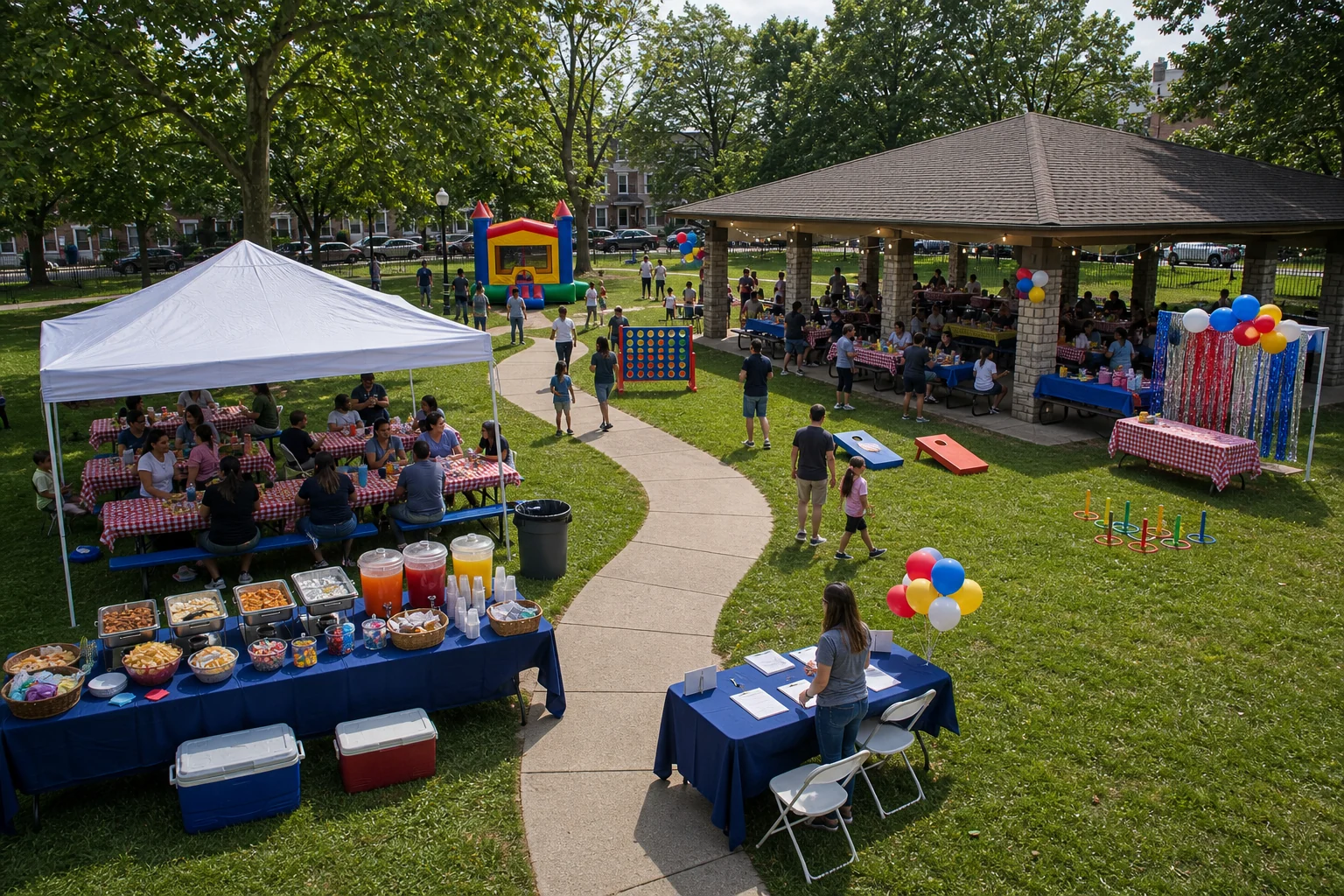Philadelphia picnic layout with pavilion food service, shaded tables, lawn games, photo area, check-in table, and guest paths