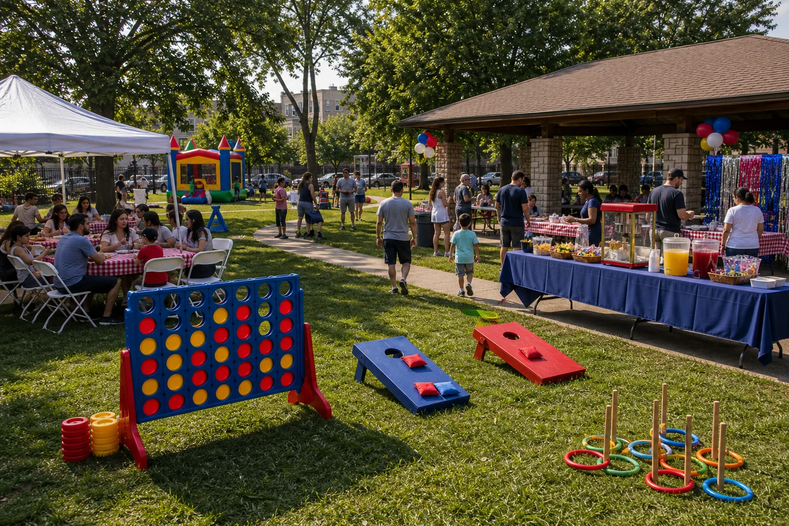 Philadelphia picnic activity feature with giant game, beanbag toss, ring toss, picnic seating, snack station, and park lawn