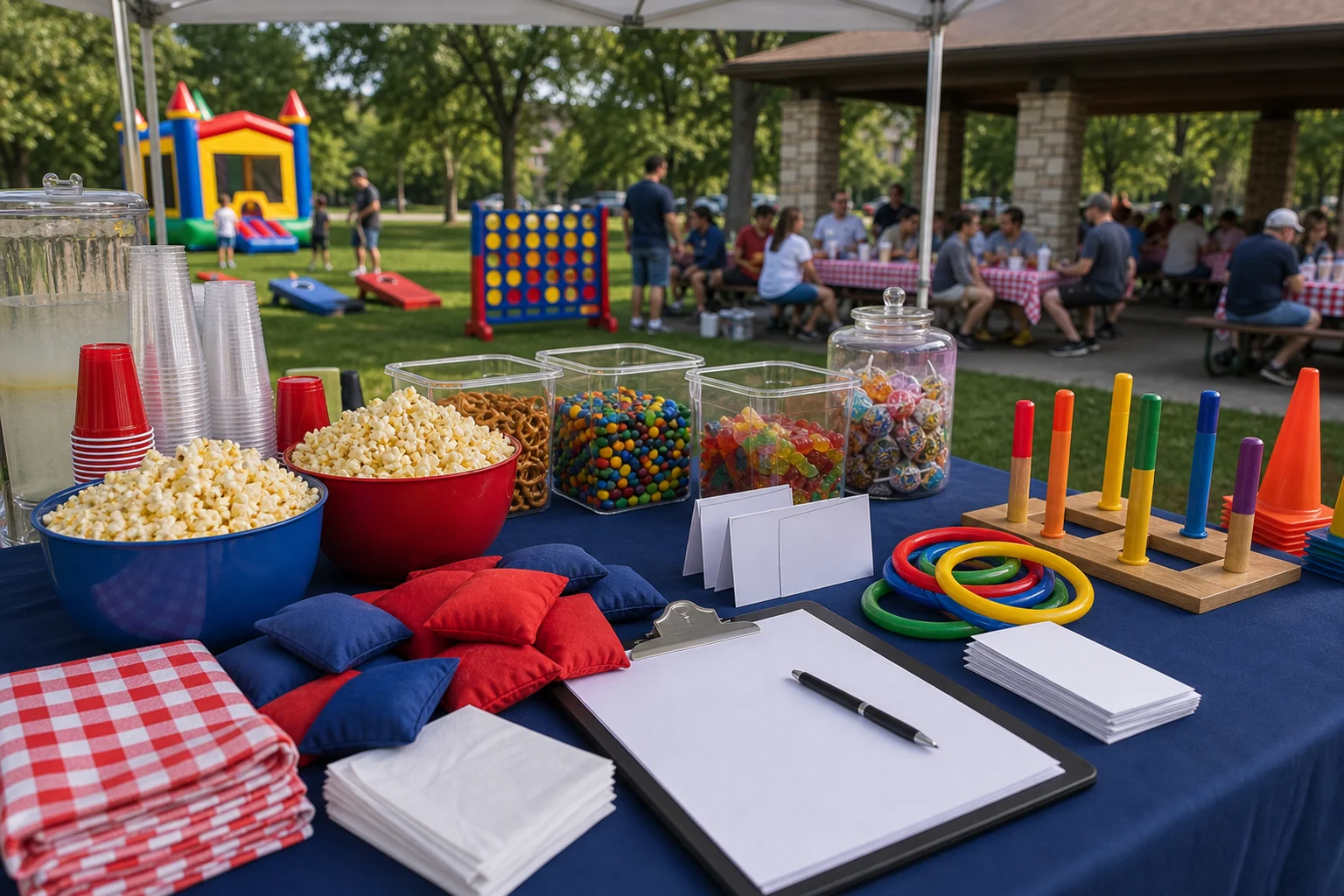 Philadelphia picnic food and game supply detail with snack containers, cups, napkins, beanbags, rings, table covers, and blank activity cards
