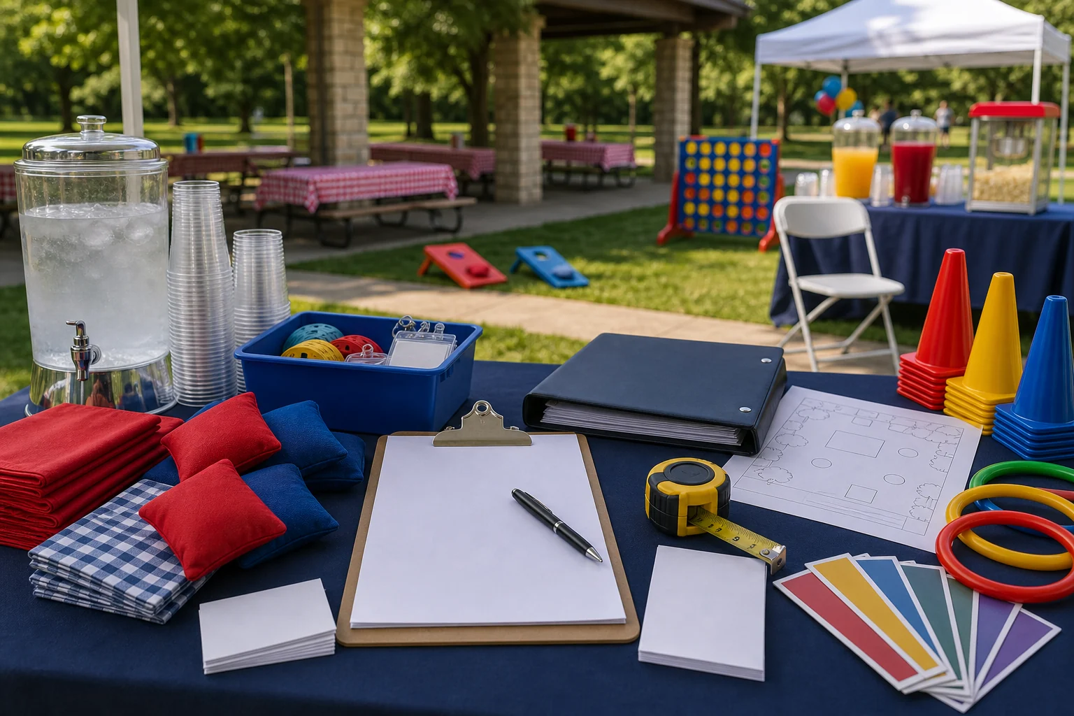 Philadelphia picnic rental quote materials with blank checklist, clipboard, measuring tape, site sketch, folder, game pieces, and unbranded cups