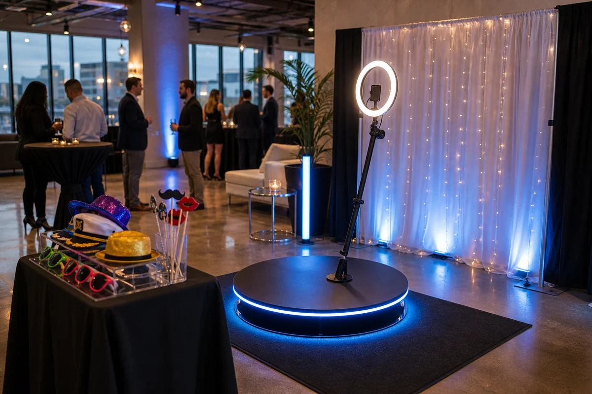 360-style photo booth rental setup with lighting