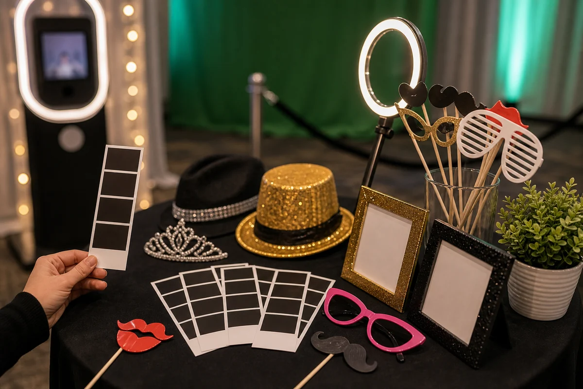 Photo booth keepsake table with props and blank prints