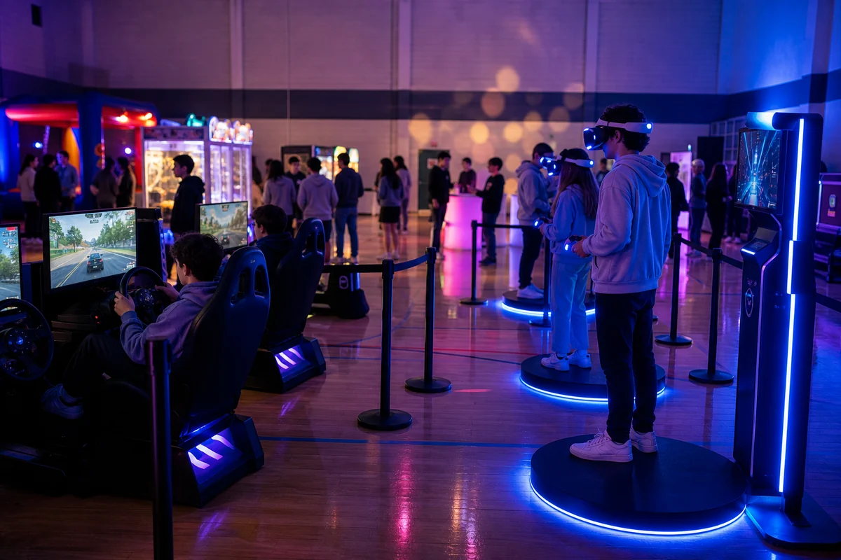 Post-prom arcade and VR rental zone in a supervised school venue