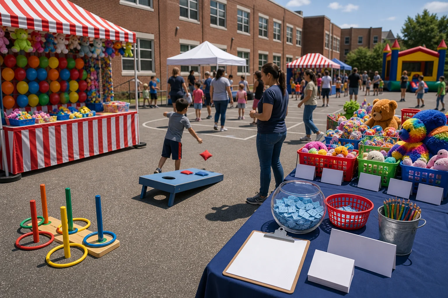 PTA fundraiser carnival game and prize station with beanbag toss, ring toss, prize bins, blank tags, and volunteer table