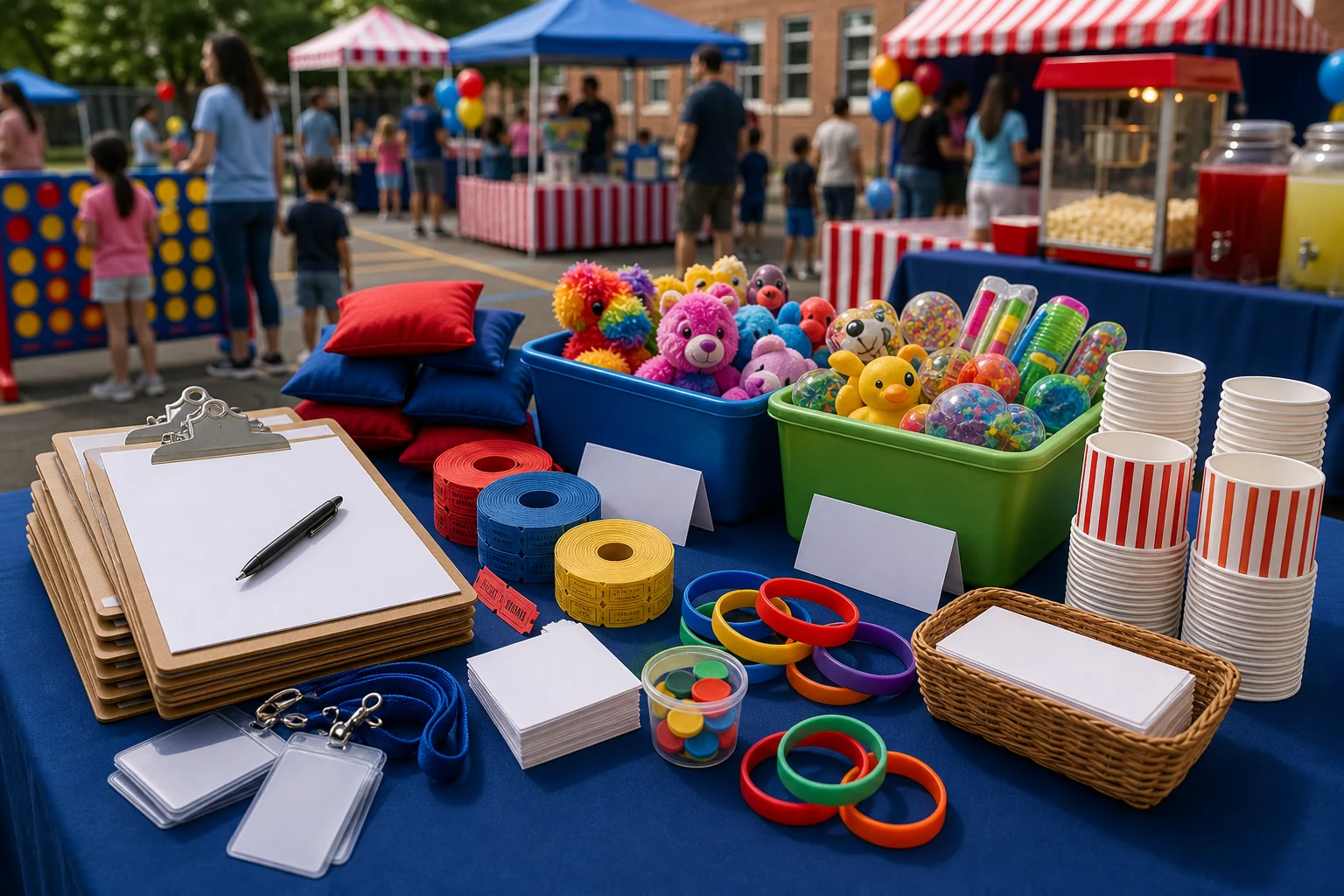 PTA fundraiser volunteer and prize materials with blank clipboards, wristbands, blank tickets, prize bins, game tokens, and snack supplies