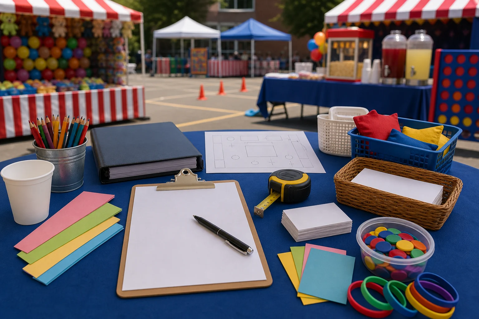 PTA and PTO fundraiser quote planning materials with blank checklist, schoolyard sketch, wristbands, prize tokens, folder, pen, and snack cup