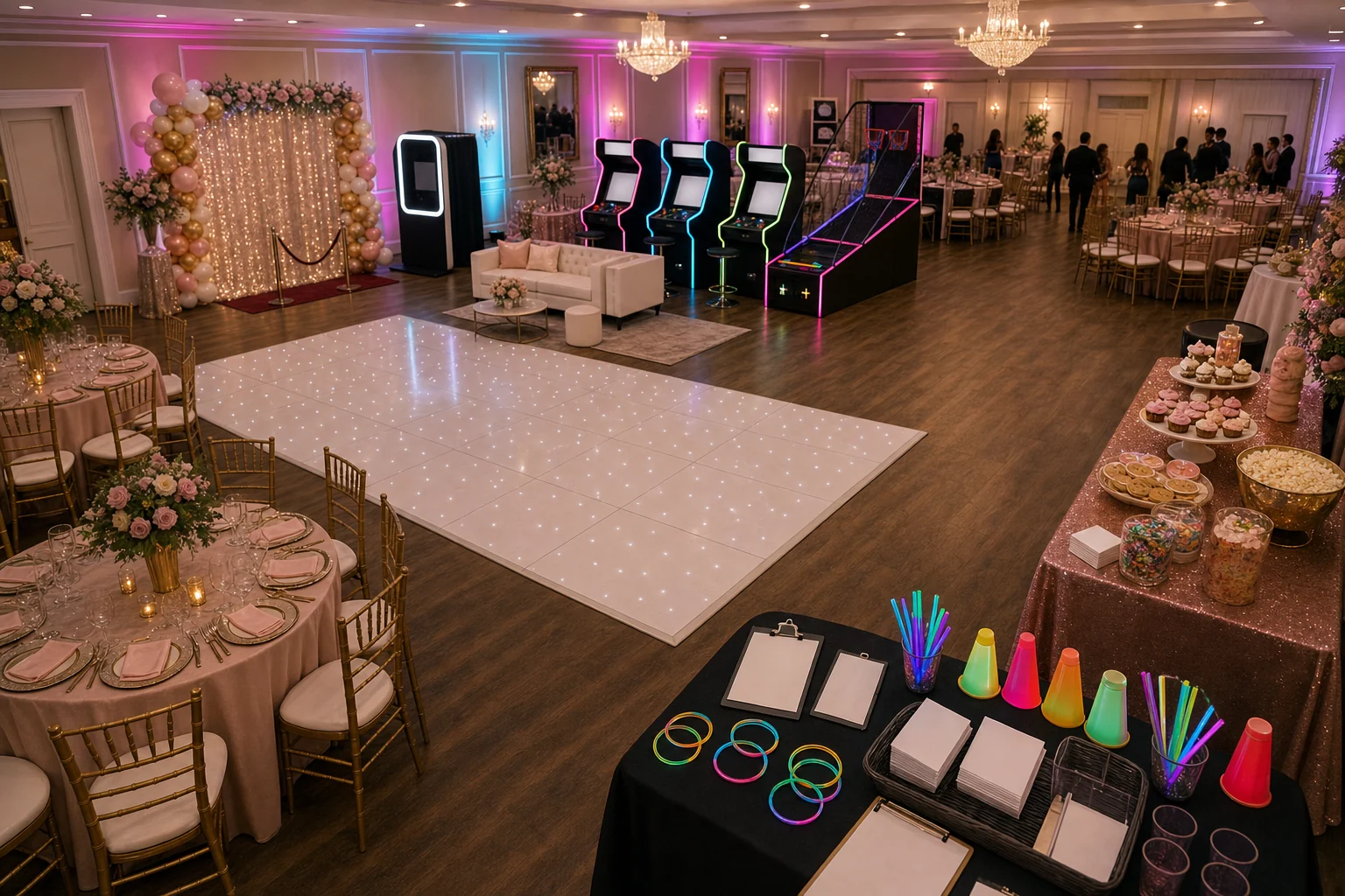 Quinceanera ballroom layout with photo booth, arcade stations, glow games, lounge seating, dance floor, dessert table, and guest paths