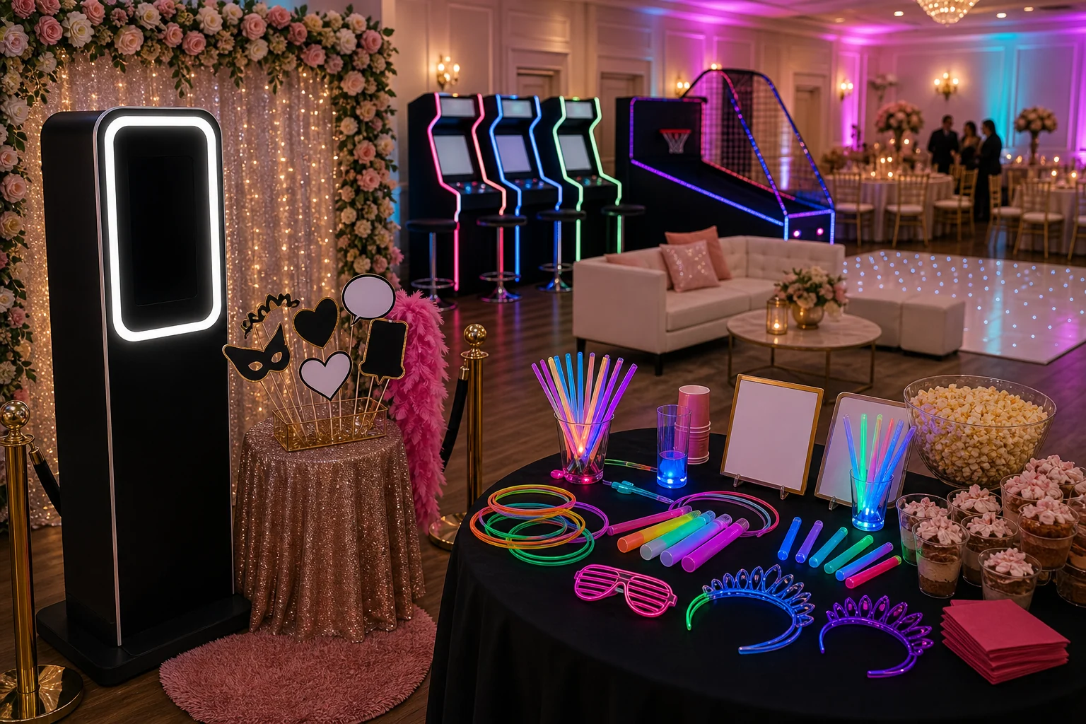 Quinceanera feature with photo booth backdrop, glow game table, arcade station with blank screen, lounge seating, and dessert cups