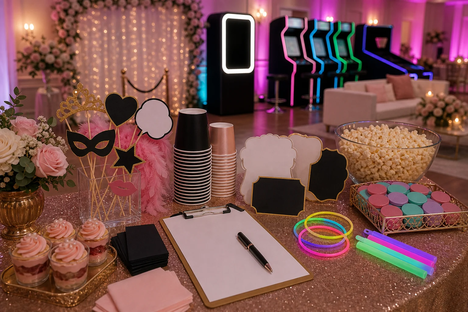 Quinceanera detail with blank photo props, glow bracelets, decorative blank cards, arcade tokens, dessert cups, blank clipboard, and pen