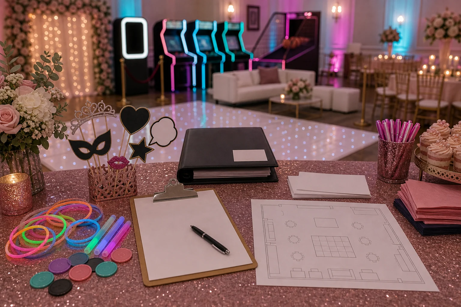 Quinceanera quote planning materials with blank checklist, ballroom layout sketch, glow bracelets, blank props, floral accents, folder, and pen